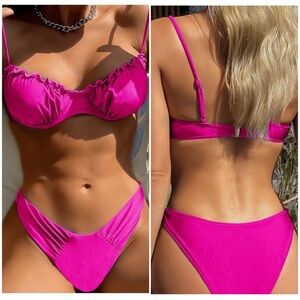 Pink Ruffle Trim Underwire High Cut Bikini Set